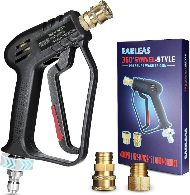 EARLEAS Short Pressure Washer Gun with Swivel, Anti-Tangle Design, Max 4000 PSI, Heavy Duty, 3/8" QC & M22 14/15mm Inlet, 1/4" Quick Connect Outlet for Car Detailing - Image 1